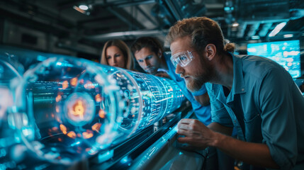 A team of scientists is intently studying a cylindrical holographic data visualization display in a high-tech research facility.
