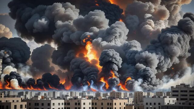 Big explosion after military attack. Gray day. Plumes of smoke and fire after an rocket fire damage.