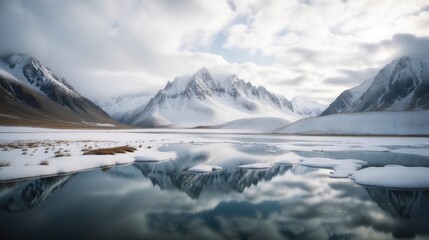 a beautiful landscape with snow covered mountains and water - obrazy, fototapety, plakaty