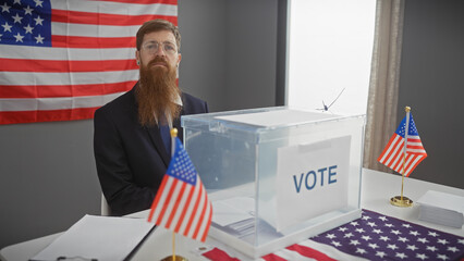 Redhead bearded man in suit overseeing american voting process indoor with ballot box and flags.