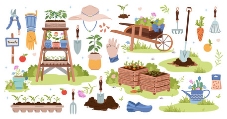 Gardening and agriculture illustrations set. Garden tools, household collection. Growing vegetables.