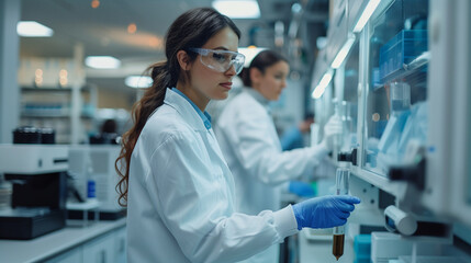 A focused female researcher conducting experiments in a modern lab, examining a test tube with a potential breakthrough. - obrazy, fototapety, plakaty