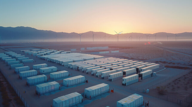 An expansive energy storage system alongside a wind farm, captured at sunrise, illustrates the integration of renewable energy solutions, backbone of renewable systems.