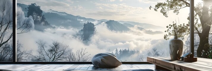 Misty Mountain Landscape Enveloped in Peaceful Tranquility and Serene Atmosphere