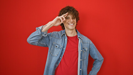 A cheerful young hispanic man with a beard and curly hair salutes playfully against a vibrant red background, portraying casual confidence.
