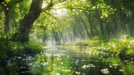 小川が流れる新緑の森2 - obrazy, fototapety, plakaty