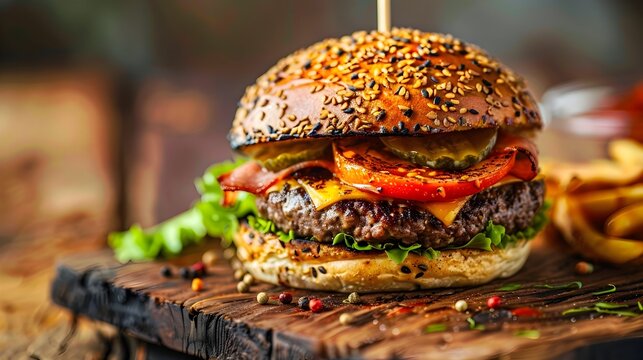 Savory Cheeseburger on Rustic Wooden Surface with Appetizing Toppings