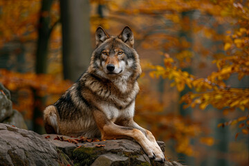 Wolf seated on a stone in an autumn forest