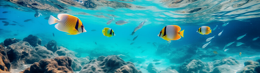 Fototapeta na wymiar Underwater Scene with Tropical Fish and Coral Reefs in Crystal Clear Sea 
