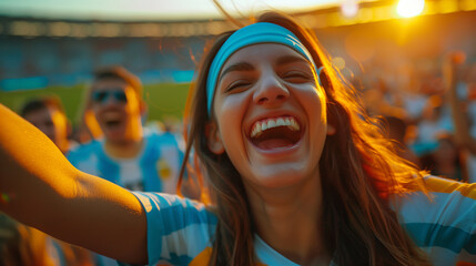 Female soccer fan with beaming smile shows national pride at crowded sports stadium event. - obrazy, fototapety, plakaty