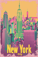 Vintage Pop Art New York City Skyline Poster in Vibrant Colors
