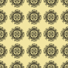 An endless pattern with simple handdrawn mandalas on a yellow background. A vector image.