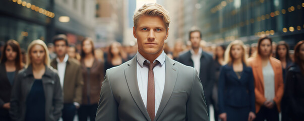business man standing in front of a diverse group of individuals - obrazy, fototapety, plakaty