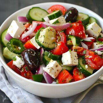 Vibrant Greek Salad with Fresh Vegetables, Feta, and Mediterranean Flavors