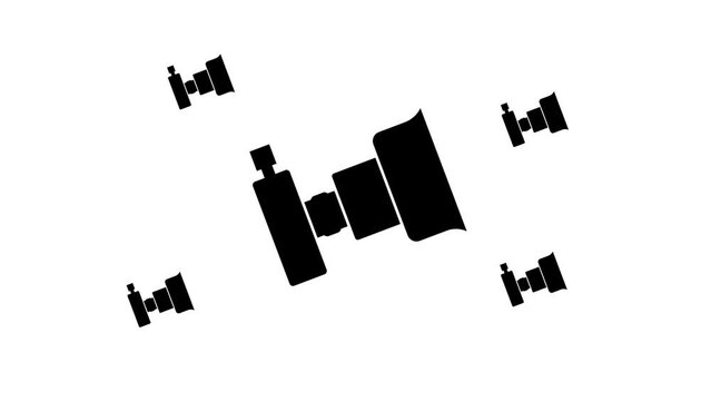 Zoom in and out animation the camera symbol. Large black symbol in the center and four small symbols around. Seamless looped 4k animation on white background