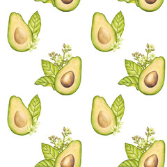 Seamless pattern avocado fruit half seed, green leaves, flowers. Vegetable clipart. Vegan dietary food painting. Hand drawn watercolor illustration isolated background. Botanical design for printing