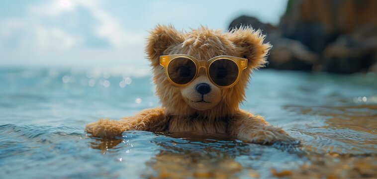cute teddy bear wearing sunglasses swimming in waterfall pool, happy summer vacation time, Generative Ai	
