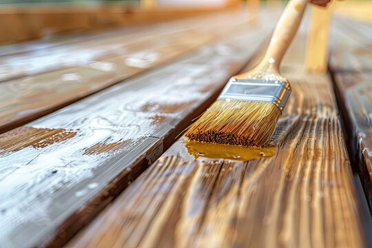 Painter applying transparent protective paint to deck boards with a brush