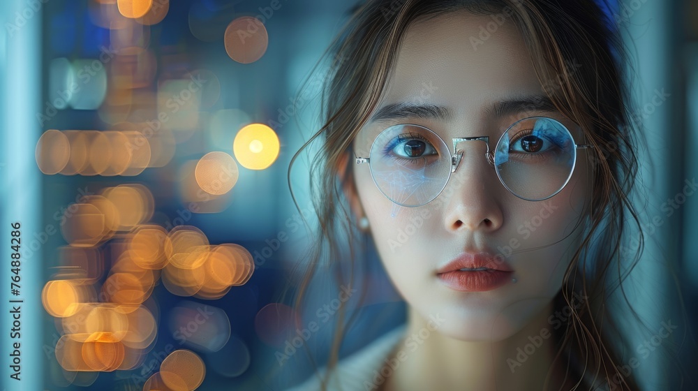 Aufkleber The concept of a communication network. A young Asian woman working at a desk. GUI (Graphical User Interface).