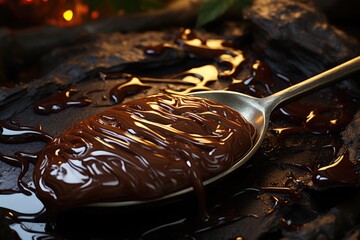 High -angle teaspoon with melted chocolate on pan, generative IA - obrazy, fototapety, plakaty