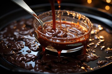 High -angle teaspoon with melted chocolate on pan, generative IA - obrazy, fototapety, plakaty