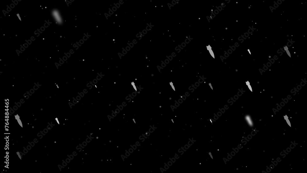 Poster template animation of evenly spaced falling rocket symbols of different sizes and opacity. animation