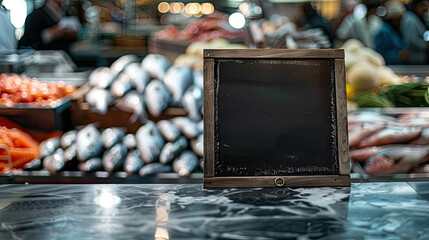 Seafood and Fish Display at Fishmonger's With Blank Sign For Text