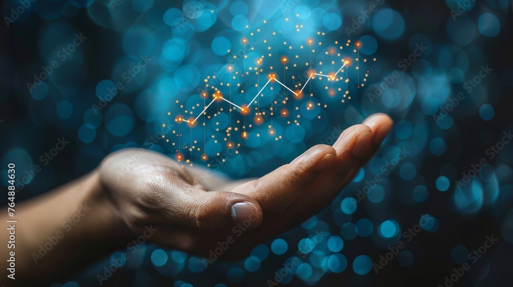 Poster In a hand, you can see a graph chart with an up arrow in a palm. Finance and stock market concept on a dark background. Low poly wireframe modern illustration with a hologram style in light blue.