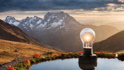 Incandescent light bulb on the background of a beautiful mountain landscape