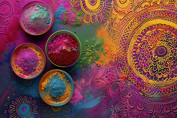 Cuencos conteniendo polvos de colores para fiesta holi india, sobre fondo colorido con dibujos...