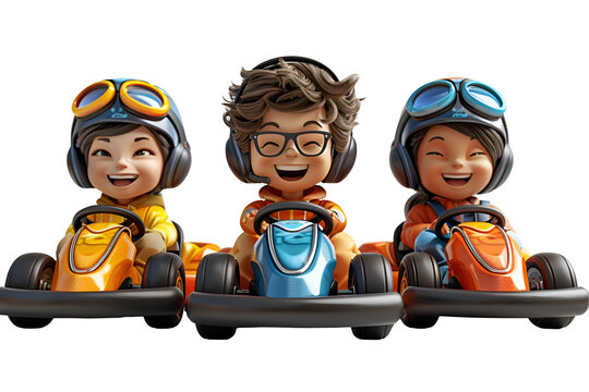 A 3D animated cartoon render of smiling friends enjoying a go-kart race.