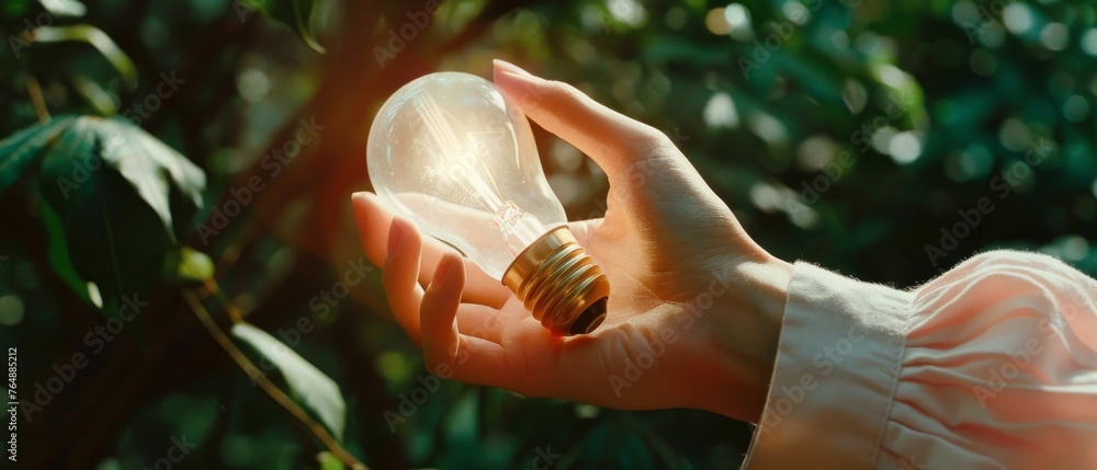 Poster in this image, a hand holds a light bulb against nature on a green leaf. the light bulb is surrounde