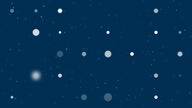 Template animation of evenly spaced decagon symbols of different sizes and opacity. Animation of transparency and size. Seamless looped 4k animation on dark blue background with stars