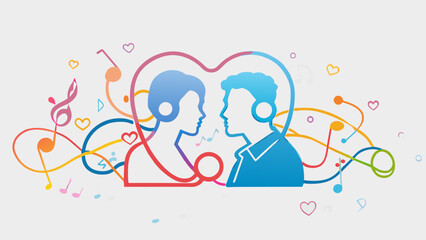 Abstract Colorful Couple Love Silhouette with Headphone Cord Concept Background for Music Lovers