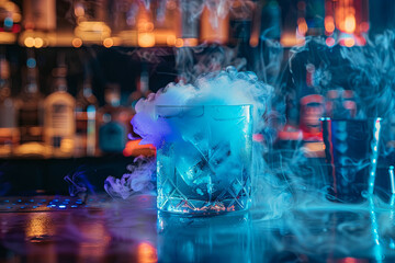 Cocktail with ice vapor on the bar counter