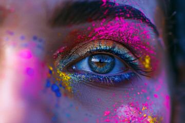 Primer plano de un ojo azul y parte de la cara de una mujer  pintada con con polvo holi de colores,...