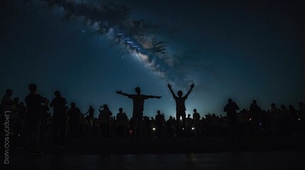 Fototapeta na wymiar Cosmic Spectacle: Awe-Inspired Onlookers Under a Starlit Sky