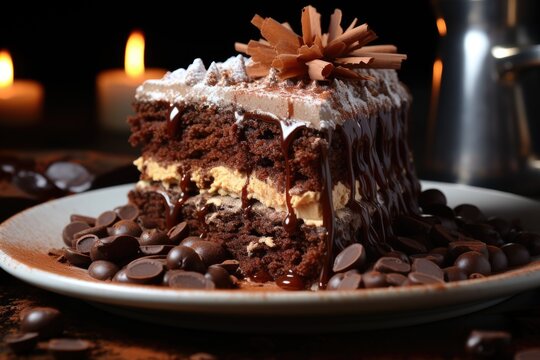 Close-up image of the concept of delicious chocolate cake, generative IA