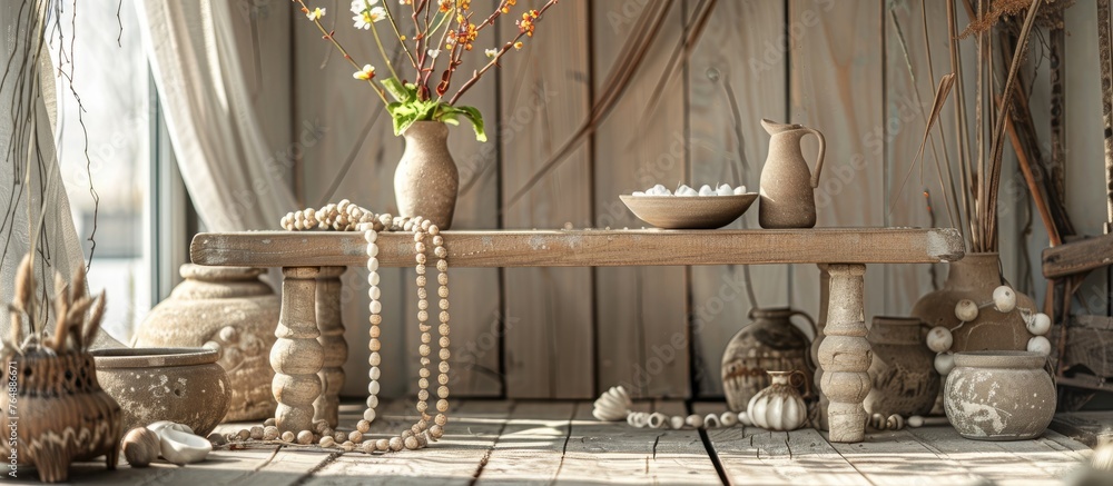 Aufkleber there are numerous vases and various items arranged neatly on a table surface