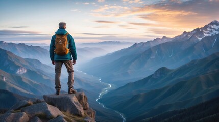 Summit Solitude: Hiker Contemplates the Sunrise Over Mountain Ridges - obrazy, fototapety, plakaty