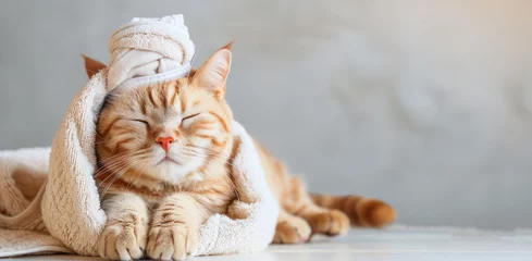 Cercles muraux Salon de beauté This delightful image captures a ginger cat wearing a towel head wrap, eyes closed in a seemingly blissful state, conveying a sense of leisure