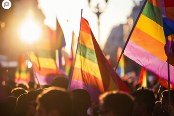 Photo a crowd with lgbt rainbow flags