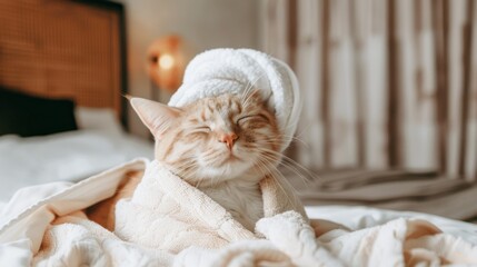 A serene cream-colored cat sits snug in a white bathrobe on a bed, embodying home comfort and easy weekend vibes