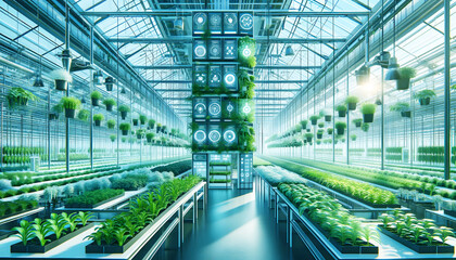 Obraz premium High-tech greenhouse, advanced sensors and automated systems, optimal growing conditions.