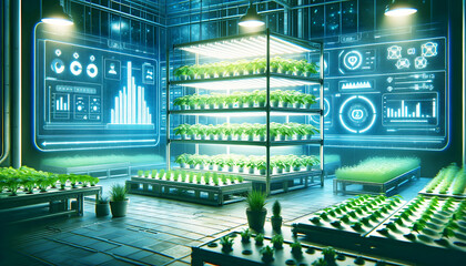 Indoor hydroponic farming setup, space efficiency, and cutting-edge technology. - obrazy, fototapety, plakaty