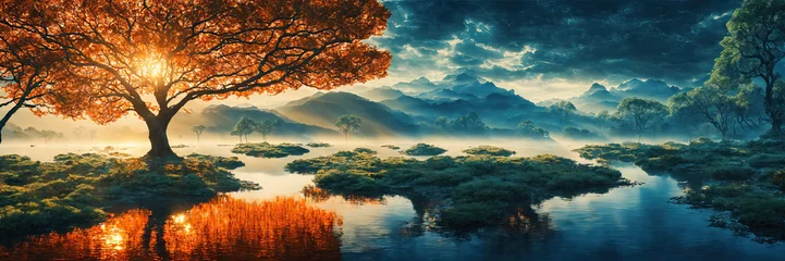 Poster Mystical landscape of lake and mountains. Orange tree with lake reflection. Blue mountains in the background. Fabulously beautiful panorama of the mountain lake. © derplan13