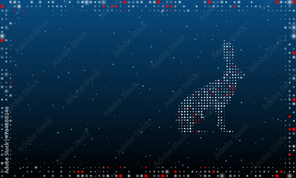 Poster on the right is the hare symbol filled with white dots. pointillism style. abstract futuristic frame
