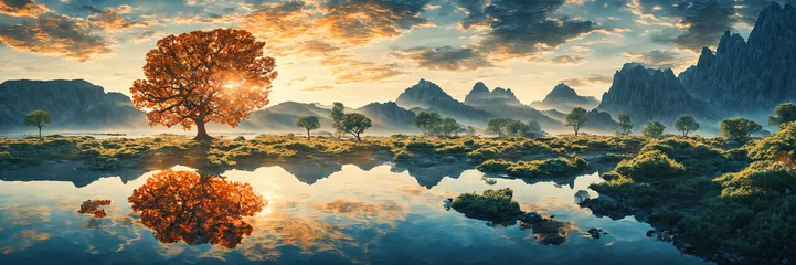 Foto op Canvas Mystical landscape of lake and mountains. Orange tree with lake reflection. Blue mountains in the background. Fabulously beautiful panorama of the mountain lake. © derplan13