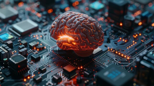 Neural network model overlaid on a digital circuit board,  illustrating the parallel processing capabilities inspired by the human brain in AI-driven technologies.