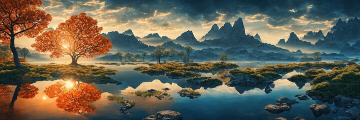Mystical landscape of lake and mountains. Orange tree with lake reflection. Blue mountains in the...
